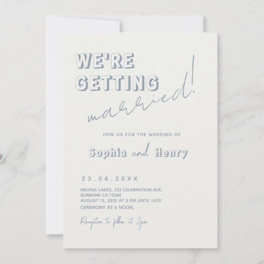Invitation Retro bleu poussiéreux Fun Wavy Mariage manuscrit (Devant)