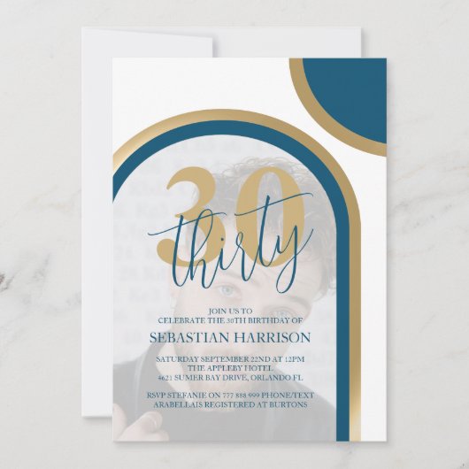 Invitation Retro Blue and Gold 30th Photo Anniversaire (Devant)