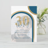 Invitation Retro Blue and Gold 30th Photo Anniversaire (Debout devant)