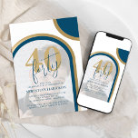 Invitation Retro Blue and Gold 40th Photo Anniversaire<br><div class="desc">Ces petites invitations rétro à 40e anniversaire, sont parfaites pour une fête d'anniversaire. Les invitations ont un thème rétro avec des tons bleu et or. Un modèle d'invitation à la fête d'anniversaire moderne sur votre photo encadrée d'arcades dans les tons bleu et or modernes. Vous pouvez modifier les styles de...</div>