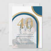 Invitation Retro Blue and Gold 40th Photo Anniversaire (Devant)