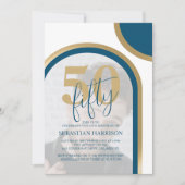 Invitation Retro Blue and Gold 50th Photo Anniversaire (Devant)