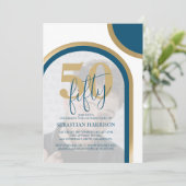 Invitation Retro Blue and Gold 50th Photo Anniversaire (Debout devant)