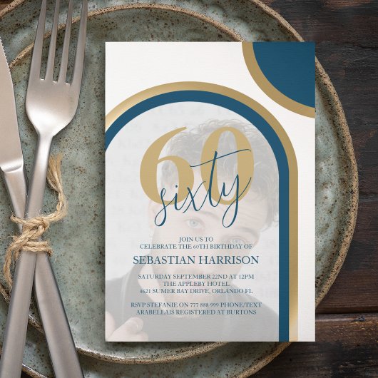 Invitation Retro Blue and Gold Photo 60e anniversaire