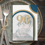 Invitation Retro Blue and Gold Photo 90th Birthday<br><div class="desc">Ces petites invitations rétro à 90e anniversaire, sont parfaites pour une fête d'anniversaire. Les invitations ont un thème rétro avec des tons bleu et or. Un modèle d'invitation à la fête d'anniversaire moderne sur votre photo encadrée d'arcades dans les tons bleu et or modernes. Vous pouvez modifier les styles de...</div>