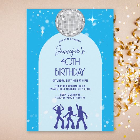 Invitation Retro Blue Anniversaire Soirée Disco 70s 80s