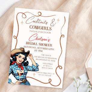 Invitation Retro Blue Brown Cocktails Cowgirls Fête des marié