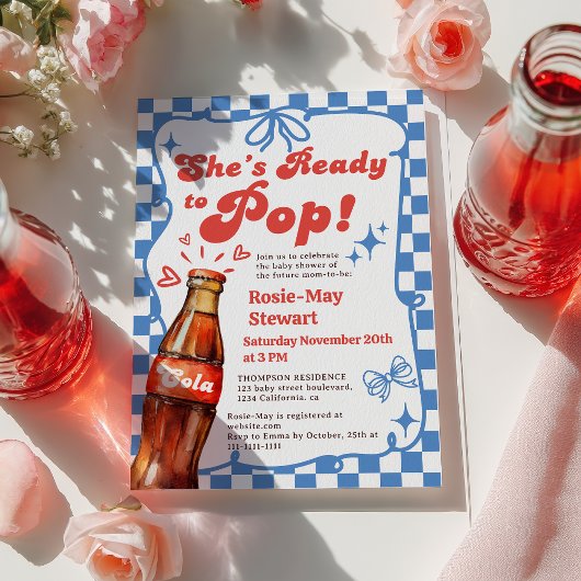 Invitation Retro Blue Checker Ready to Pop Cola Baby Shower