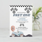 Invitation Retro Blue Fast one Boy 1st Birthday Car Boys (Debout devant)