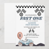 Invitation Retro Blue Fast one Boy 1st Birthday Car Boys (Devant / Derrière)