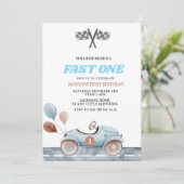 Invitation Retro Blue Fast one Boy 1st Birthday Car Boys (Debout devant)