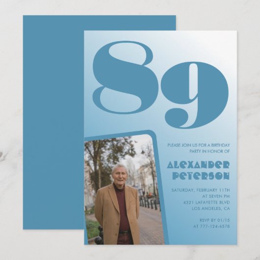 Invitation Retro Blue Gradient Photo 89e anniversaire (Devant / Derrière)