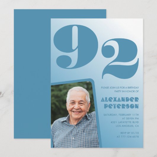 Invitation Retro Blue Gradient Photo 92e anniversaire (Devant / Derrière)