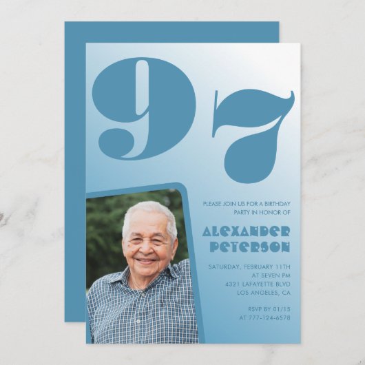 Invitation Retro Blue Gradient Photo 97e anniversaire (Devant / Derrière)