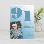Invitation Retro Blue Gradient Photo Hommes 91e anniversaire (Debout devant)