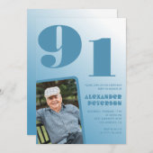 Invitation Retro Blue Gradient Photo Hommes 91e anniversaire (Devant / Derrière)