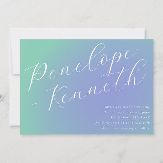 Invitation Retro Blue Green Gradient Élégant Mariage de scrip (Devant)