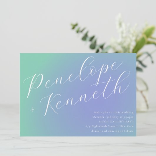 Invitation Retro Blue Green Gradient Élégant Mariage de scrip (Debout devant)