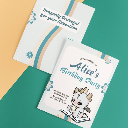 Invitation Retro Blue Grey Pastel Baby Dragon Birthday