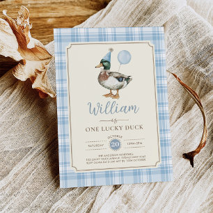 Invitation Retro Blue One Lucky Duck Balloon 1er anniversaire