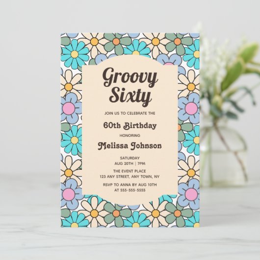 Invitation Retro Blue Peach Floral Super 60e anniversaire (Debout devant)