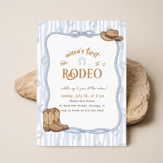 Invitation Retro Blue Plaid Cowboy First Rodeo 1st Birthday