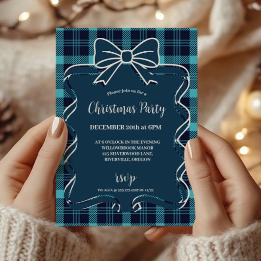 Invitation Retro Blue Plaid Whimsical Christmas 