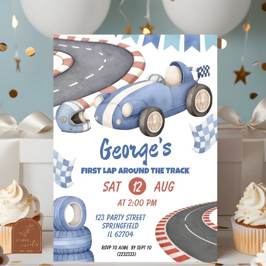 Invitation Retro Blue Racing Anniversaire Premier tour
