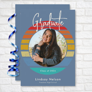 Invitation Retro Blue Red Orange Sunset Photo Graduation