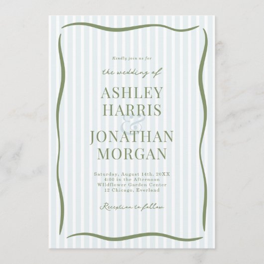 Invitation Retro Blue & Sage Striped Wedding (Devant)