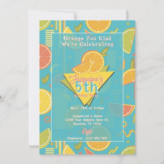 Invitation Retro Blue Summer Citrus Fruit Birthday (Devant)