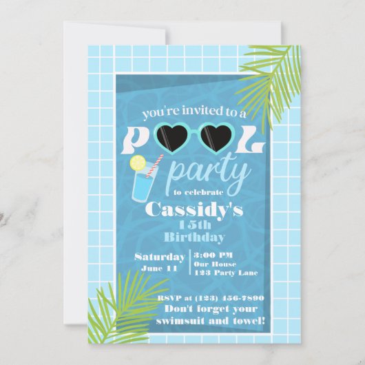 Invitation Retro Blue Summer Pool fête d'anniversaire (Devant)