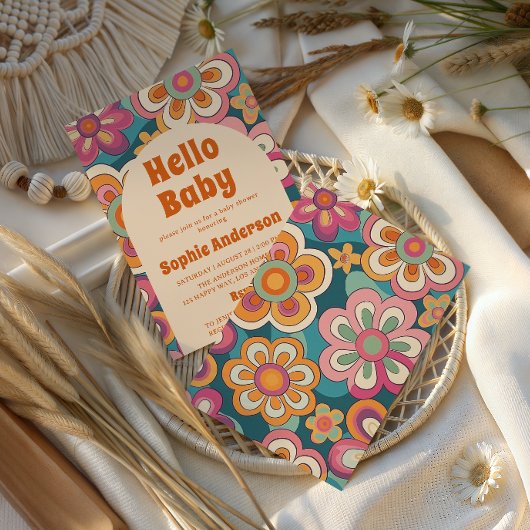 Invitation Retro Boho 70s Groovy Floral Baby Shower   