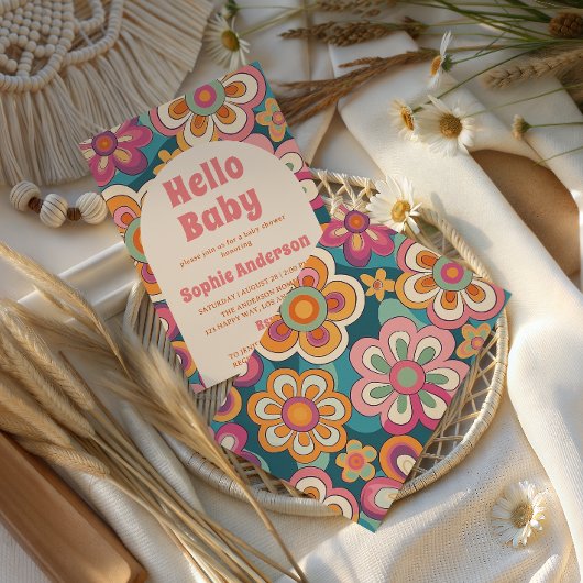 Invitation Retro Boho 70s Groovy Floral Baby Shower   