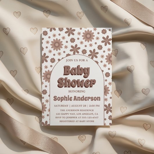 Invitation Retro Boho Brown Arch Daisy Floral Baby Shower