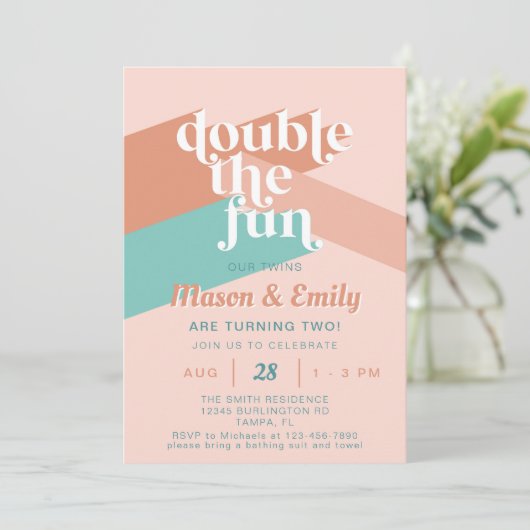 Invitation Retro Boho Double les jumeaux amusants Anniversair (Debout devant)