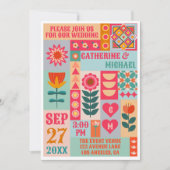 Invitation Retro Boho Floral Bold & Bright QR Code Mariage (Devant)