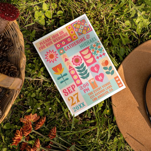 Invitation Retro Boho Floral Bold & Bright QR Code Mariage