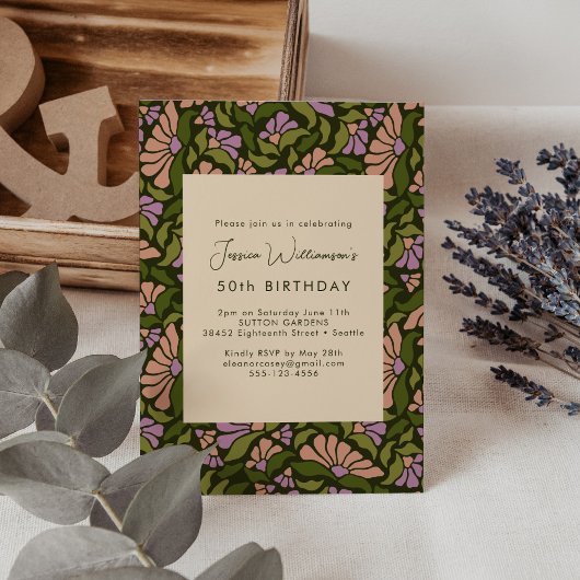Invitation Retro Boho Green Botanical Super 50e anniversaire