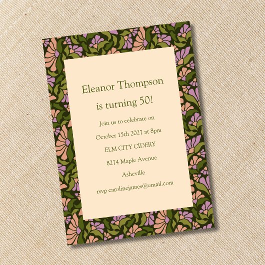 Invitation Retro Boho Green Cute Floral Simple 50e anniversai