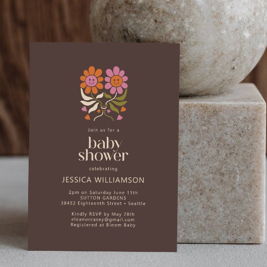 Invitation Retro Boho les années 70 Smile Floral Baby shower 
