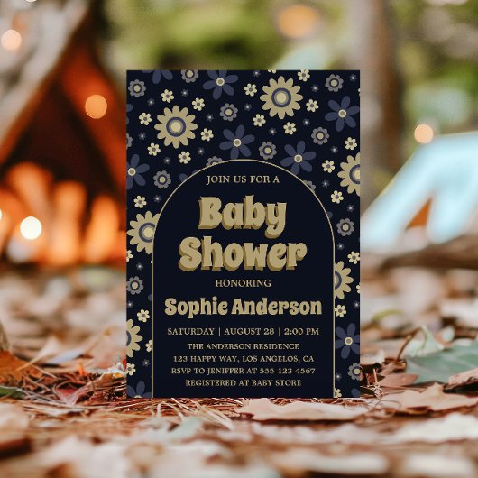 Invitation Retro Boho Navy Floral Arch Baby Shower
