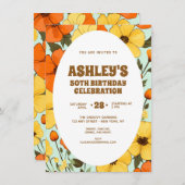 Invitation Rétro Boho Orange Jaune Floral Anniversaire Mignon (Devant / Derrière)