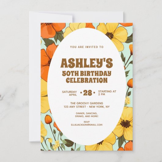 Invitation Rétro Boho Orange Jaune Floral Anniversaire Mignon (Devant)