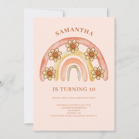 Invitation Retro Boho Rainbow 10th Birthday Party (Devant)