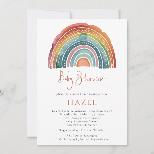 Invitation Retro Boho Rainbow Script Baby shower bohème (Devant)