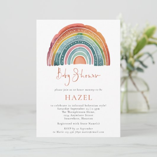 Invitation Retro Boho Rainbow Script Baby shower bohème (Debout devant)
