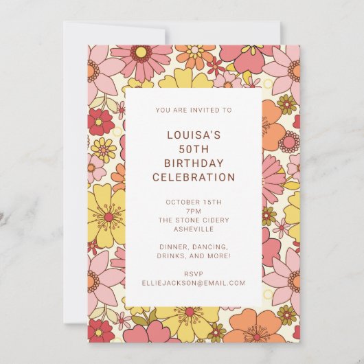 Invitation Retro Boho rose jaune Floral mignonne fête d'anniv (Devant)