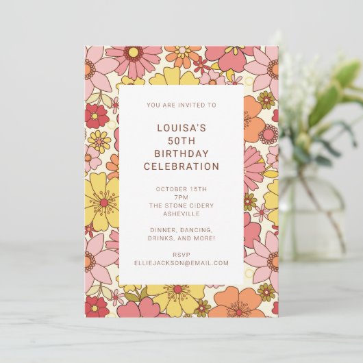 Invitation Retro Boho rose jaune Floral mignonne fête d'anniv (Debout devant)
