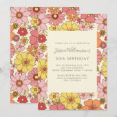 Invitation Retro Boho rose jaune Floral Super 50e anniversair (Devant / Derrière)